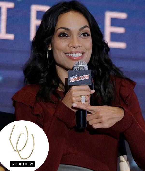 Rosario Dawson in our Castle Ring and Spire Hoops